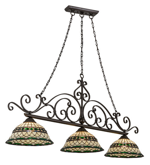 Meyda Lighting Tiffany Roman 68" 3-Light Matte Copper Vein Georgia Scroll Island Pendant Light With Multi-Colored Shade Glass