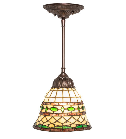 Meyda Lighting Tiffany Roman 77557 8" Mahogany Bronze Mini Pendant Light With Multi-Colored Stained Shade Glass