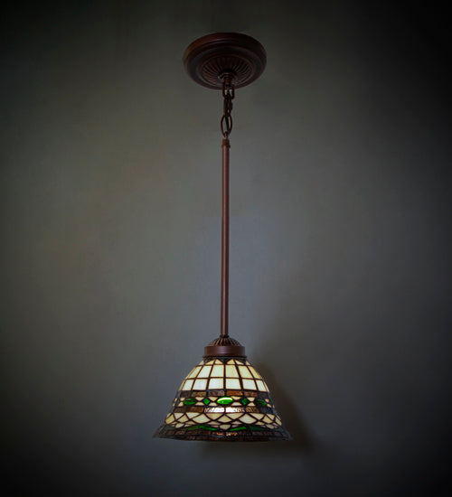 Meyda Lighting Tiffany Roman 8" Mahogany Bronze Mini Pendant Light With Multi-Colored Stained Shade Glass