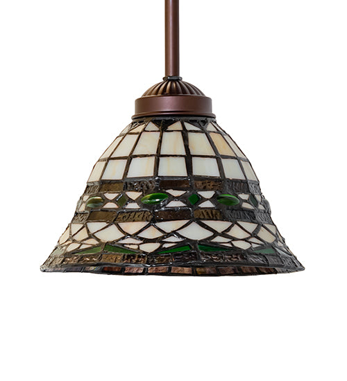 Meyda Lighting Tiffany Roman 8" Mahogany Bronze Mini Pendant Light With Multi-Colored Stained Shade Glass