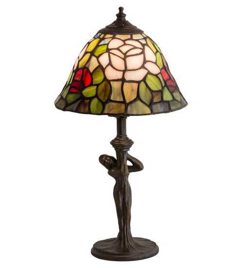 Meyda Lighting Tiffany Rosebush 12" Mahogany Bronze Mini Table Lamp With Multi-Colored Stained Shade Glass