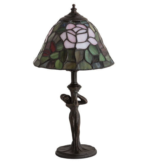 Meyda Lighting Tiffany Rosebush 12" Mahogany Bronze Mini Table Lamp With Multi-Colored Stained Shade Glass