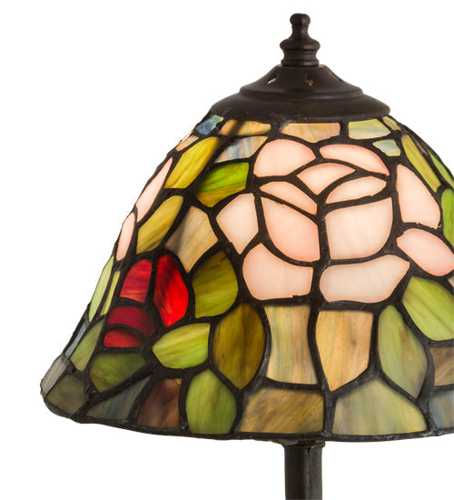 Meyda Lighting Tiffany Rosebush 12" Mahogany Bronze Mini Table Lamp With Multi-Colored Stained Shade Glass