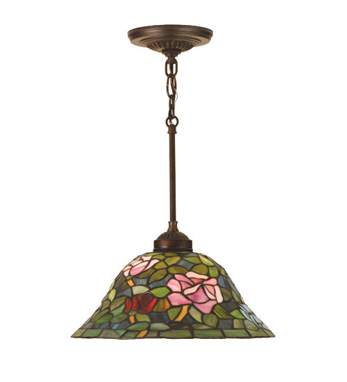 Meyda Lighting Tiffany Rosebush 12" Mahogany Bronze Pendant Light With Multi-Colored Shade Glass
