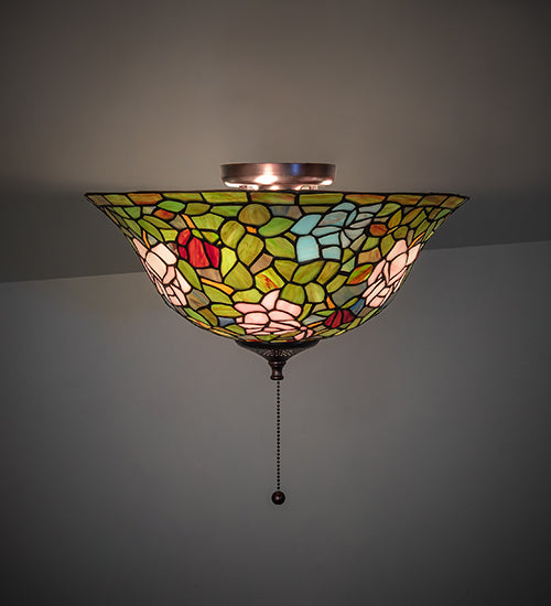 Meyda Lighting Tiffany Rosebush 16" Mahogany Bronze Flush Mount Light With Multi-Colored Shade Glass