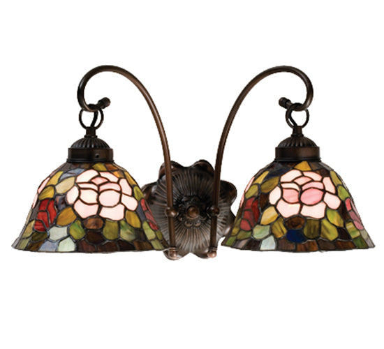 Meyda Lighting Tiffany Rosebush 18" 2-Light Mahogany Bronze Wall Sconce With Multi-Colored Shade Glass