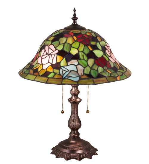Meyda Lighting Tiffany Rosebush 19" 2-Light Mahogany Bronze Table Lamp With Multi-Colored Stained Shade Glass