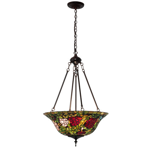 Meyda Lighting Tiffany Rosebush 20" 3-Light Mahogany Bronze Inverted Pendant Light With Multi-Colored Shade Glass