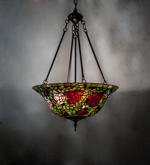 Meyda Lighting Tiffany Rosebush 20" 3-Light Mahogany Bronze Inverted Pendant Light With Multi-Colored Shade Glass