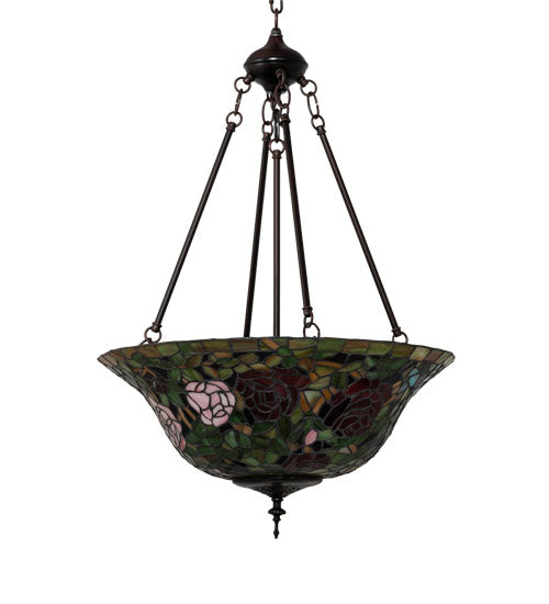 Meyda Lighting Tiffany Rosebush 20" 3-Light Mahogany Bronze Inverted Pendant Light With Multi-Colored Shade Glass