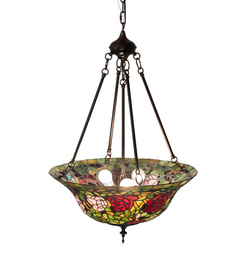Meyda Lighting Tiffany Rosebush 20" 3-Light Mahogany Bronze Inverted Pendant Light With Multi-Colored Shade Glass