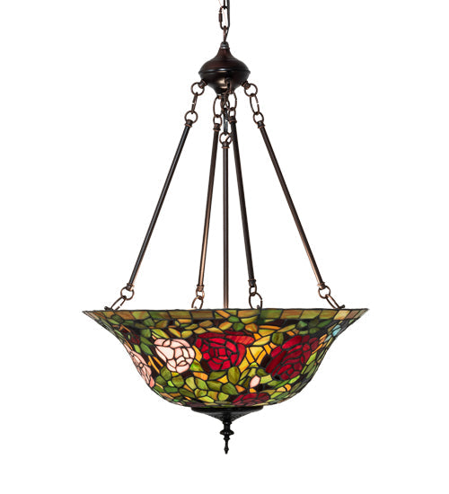 Meyda Lighting Tiffany Rosebush 20" 3-Light Mahogany Bronze Inverted Pendant Light With Multi-Colored Shade Glass