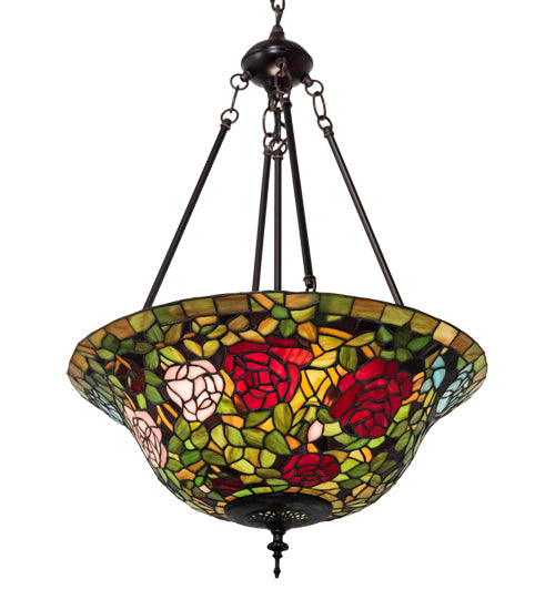 Meyda Lighting Tiffany Rosebush 20" 3-Light Mahogany Bronze Inverted Pendant Light With Multi-Colored Shade Glass