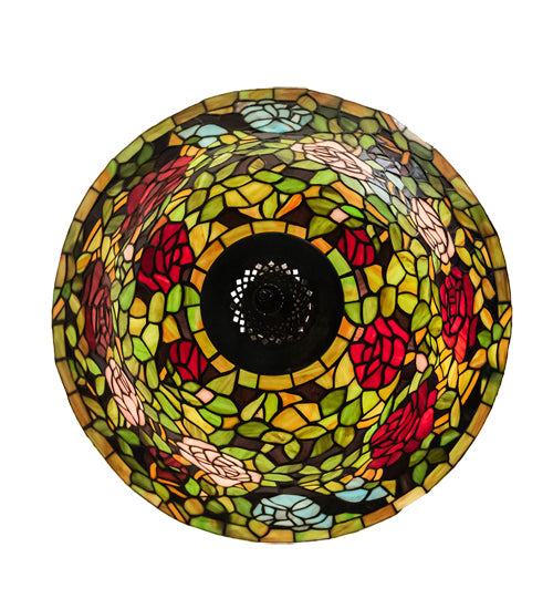 Meyda Lighting Tiffany Rosebush 20" 3-Light Mahogany Bronze Inverted Pendant Light With Multi-Colored Shade Glass