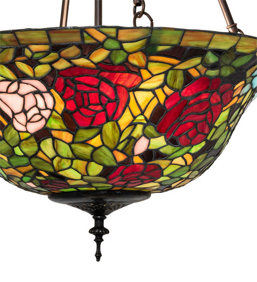 Meyda Lighting Tiffany Rosebush 20" 3-Light Mahogany Bronze Inverted Pendant Light With Multi-Colored Shade Glass