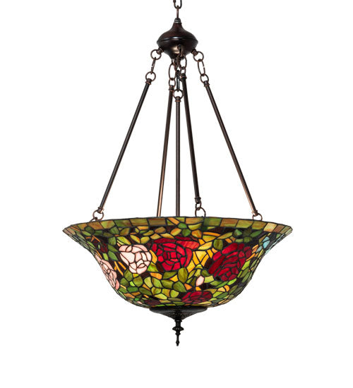 Meyda Lighting Tiffany Rosebush 20" 3-Light Mahogany Bronze Inverted Pendant Light With Multi-Colored Shade Glass