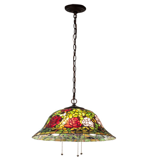 Meyda Lighting Tiffany Rosebush 20" 3-Light Mahogany Bronze Pendant Light With Multi-Colored Shade Glass