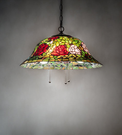 Meyda Lighting Tiffany Rosebush 20" 3-Light Mahogany Bronze Pendant Light With Multi-Colored Shade Glass