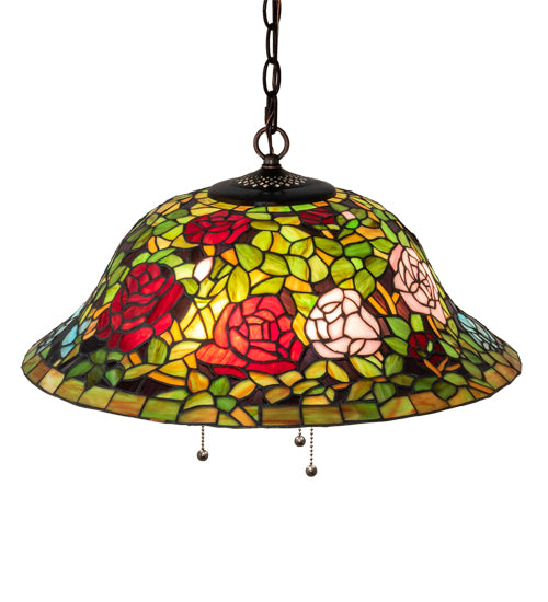Meyda Lighting Tiffany Rosebush 20" 3-Light Mahogany Bronze Pendant Light With Multi-Colored Shade Glass