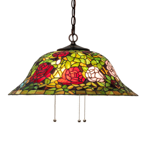 Meyda Lighting Tiffany Rosebush 20" 3-Light Mahogany Bronze Pendant Light With Multi-Colored Shade Glass