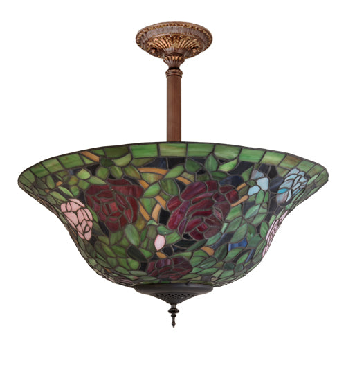 Meyda Lighting Tiffany Rosebush 20" 3-Light Mahogany Bronze Semi-flush Mount Light With Multi-Colored Shade Glass