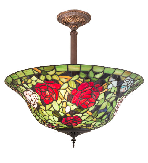 Meyda Lighting Tiffany Rosebush 20" 3-Light Mahogany Bronze Semi-flush Mount Light With Multi-Colored Shade Glass