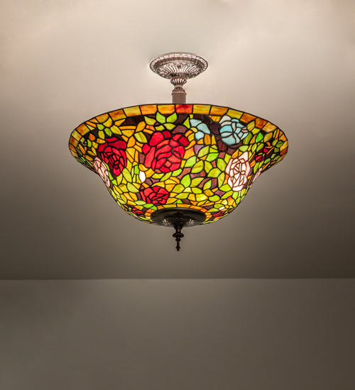 Meyda Lighting Tiffany Rosebush 20" 3-Light Mahogany Bronze Semi-flush Mount Light With Multi-Colored Stained Shade Glass