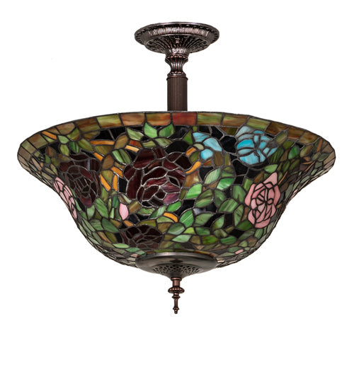 Meyda Lighting Tiffany Rosebush 20" 3-Light Mahogany Bronze Semi-flush Mount Light With Multi-Colored Stained Shade Glass