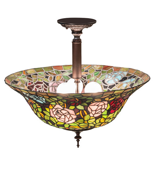 Meyda Lighting Tiffany Rosebush 20" 3-Light Mahogany Bronze Semi-flush Mount Light With Multi-Colored Stained Shade Glass
