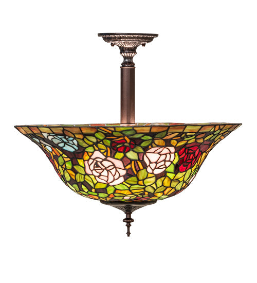 Meyda Lighting Tiffany Rosebush 20" 3-Light Mahogany Bronze Semi-flush Mount Light With Multi-Colored Stained Shade Glass