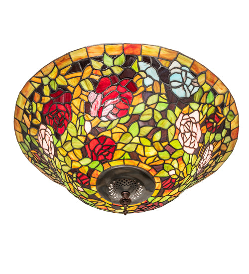 Meyda Lighting Tiffany Rosebush 20" 3-Light Mahogany Bronze Semi-flush Mount Light With Multi-Colored Stained Shade Glass