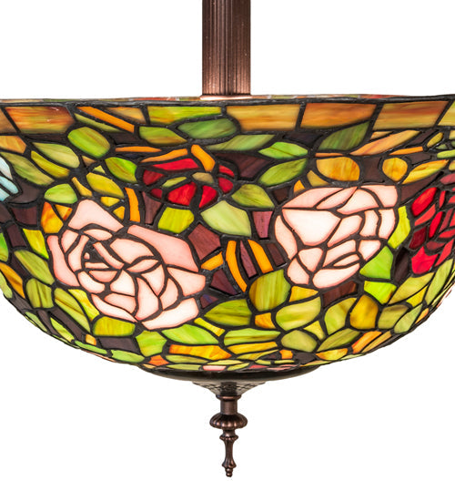 Meyda Lighting Tiffany Rosebush 20" 3-Light Mahogany Bronze Semi-flush Mount Light With Multi-Colored Stained Shade Glass