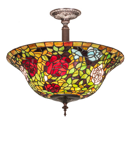 Meyda Lighting Tiffany Rosebush 20" 3-Light Mahogany Bronze Semi-flush Mount Light With Multi-Colored Stained Shade Glass