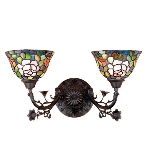 Meyda Lighting Tiffany Rosebush 21" 2-Light Mahogany Bronze Wall Sconce With Multi-Colored Shade Glass