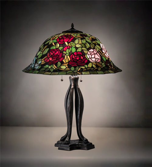 Meyda Lighting Tiffany Rosebush 229111 30" 3-Light Mahogany Bronze Table Lamp With Multi-Colored Shade Glass