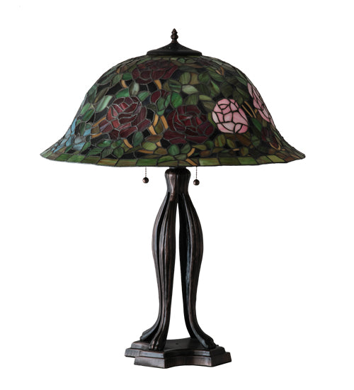 Meyda Lighting Tiffany Rosebush 229111 30" 3-Light Mahogany Bronze Table Lamp With Multi-Colored Shade Glass