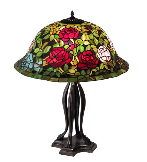 Meyda Lighting Tiffany Rosebush 229111 30" 3-Light Mahogany Bronze Table Lamp With Multi-Colored Shade Glass
