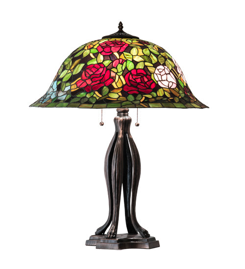 Meyda Lighting Tiffany Rosebush 229111 30" 3-Light Mahogany Bronze Table Lamp With Multi-Colored Shade Glass