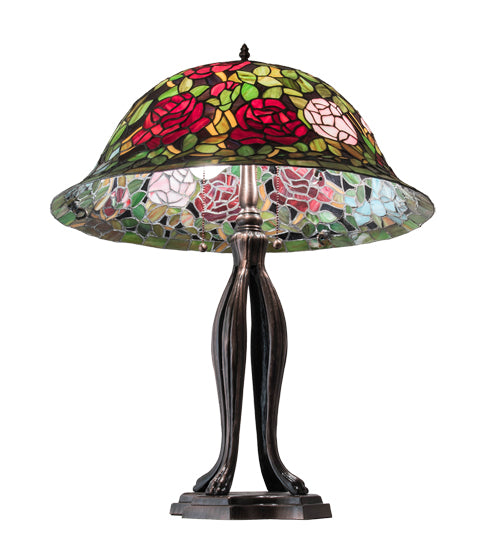 Meyda Lighting Tiffany Rosebush 229111 30" 3-Light Mahogany Bronze Table Lamp With Multi-Colored Shade Glass