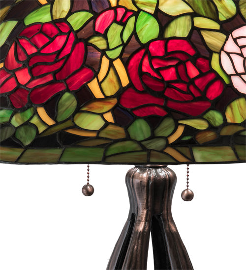 Meyda Lighting Tiffany Rosebush 229111 30" 3-Light Mahogany Bronze Table Lamp With Multi-Colored Shade Glass