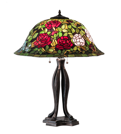 Meyda Lighting Tiffany Rosebush 229111 30" 3-Light Mahogany Bronze Table Lamp With Multi-Colored Shade Glass