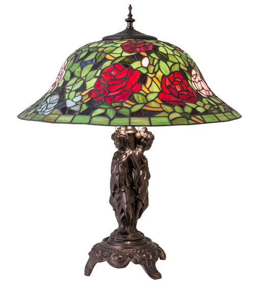 Meyda Lighting Tiffany Rosebush 24" 2-Light Mahogany Bronze Table Lamp With Multi-Colored Shade Glass