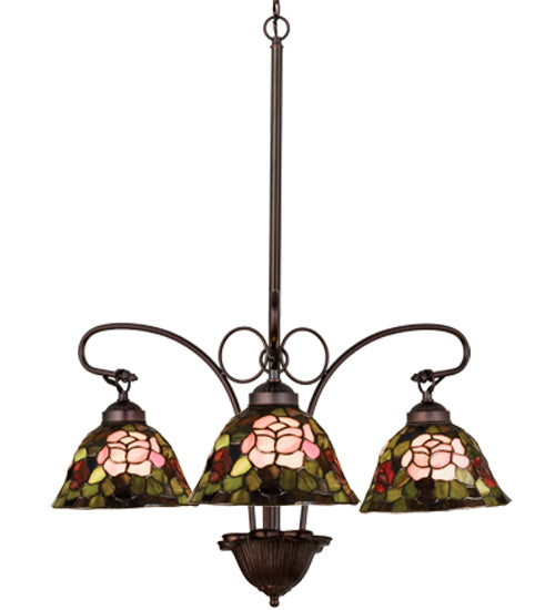 Meyda Lighting Tiffany Rosebush 24" 3-Light Mahogany Bronze Chandelier With Multi-Colored Shade Glass