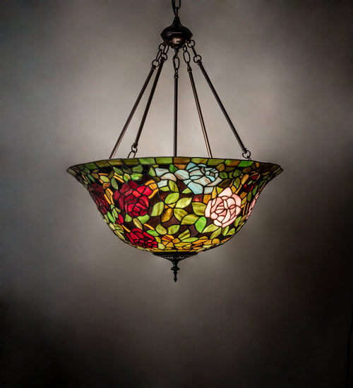 Meyda Lighting Tiffany Rosebush 24" 3-Light Mahogany Bronze Inverted Pendant Light With Multi-Colored Stained Shade Glass