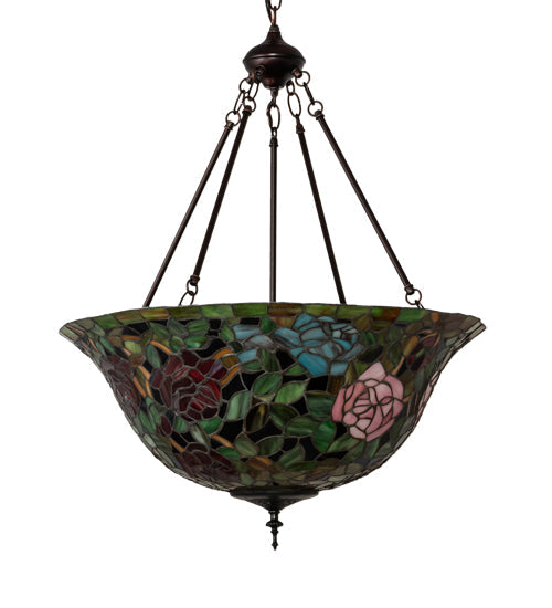 Meyda Lighting Tiffany Rosebush 24" 3-Light Mahogany Bronze Inverted Pendant Light With Multi-Colored Stained Shade Glass