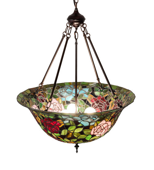Meyda Lighting Tiffany Rosebush 24" 3-Light Mahogany Bronze Inverted Pendant Light With Multi-Colored Stained Shade Glass