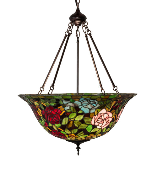 Meyda Lighting Tiffany Rosebush 24" 3-Light Mahogany Bronze Inverted Pendant Light With Multi-Colored Stained Shade Glass