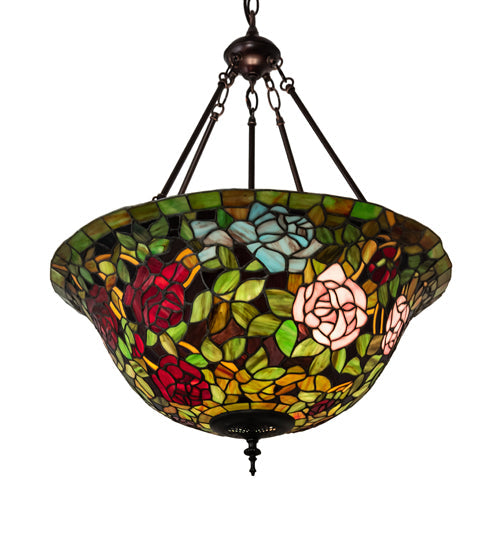 Meyda Lighting Tiffany Rosebush 24" 3-Light Mahogany Bronze Inverted Pendant Light With Multi-Colored Stained Shade Glass