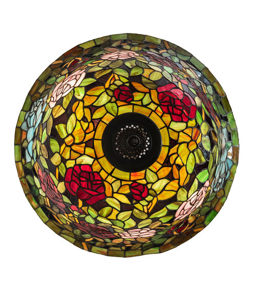 Meyda Lighting Tiffany Rosebush 24" 3-Light Mahogany Bronze Inverted Pendant Light With Multi-Colored Stained Shade Glass