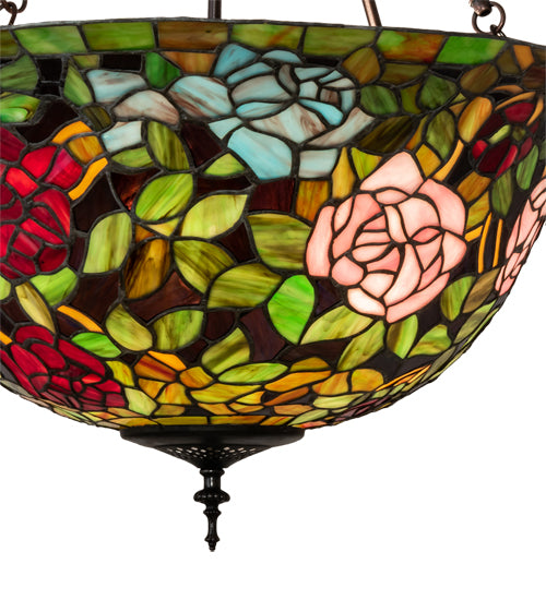 Meyda Lighting Tiffany Rosebush 24" 3-Light Mahogany Bronze Inverted Pendant Light With Multi-Colored Stained Shade Glass
